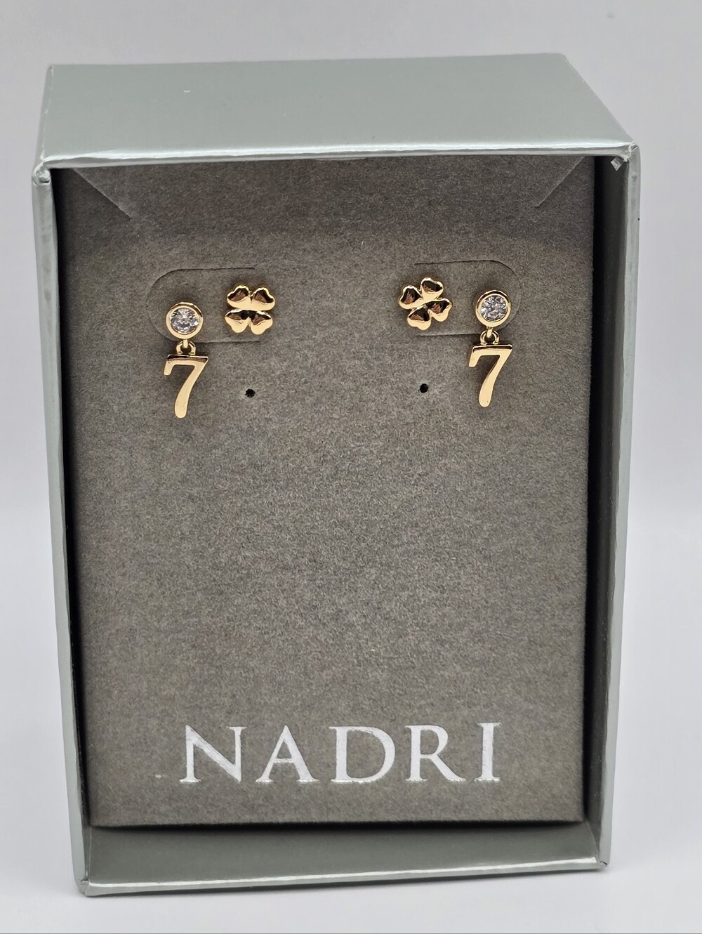 Nadri Gold Tone Crystal Clover and Lucky 7 Drop Stud Earrings Set